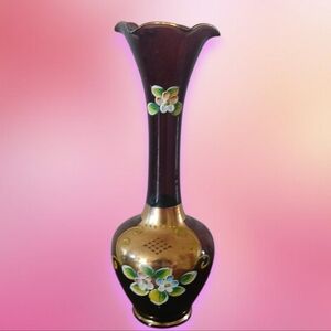 Amethyst Art-Glass Bud Vase Handpainted W/Raised Flower Gold Accents 